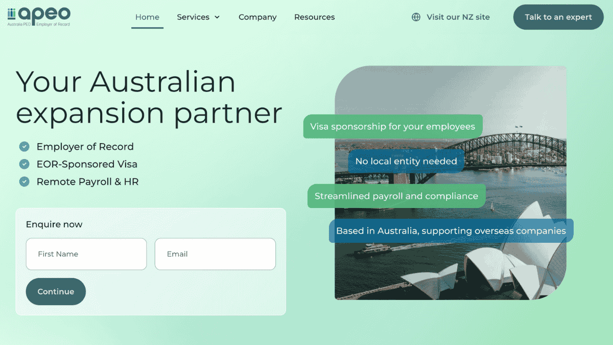 homepage of APEO an eor provider for australia including their contact form