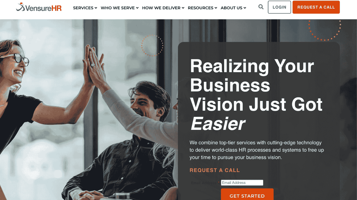 vensure hr homepage and contact form