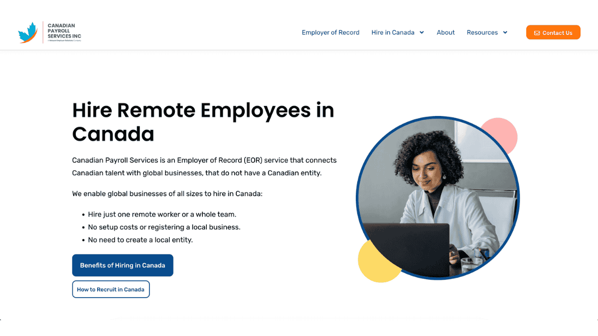 Website screenshot of Canadian Payroll Services reading “Hire Remote Employees in Canada”