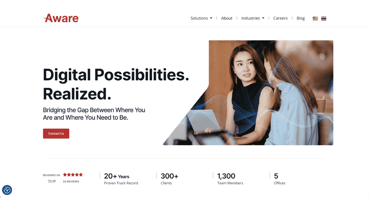Website of Thailand based IT and HR outsourcing firm Aware reading in the center "Digital Possibilities. Realized."
