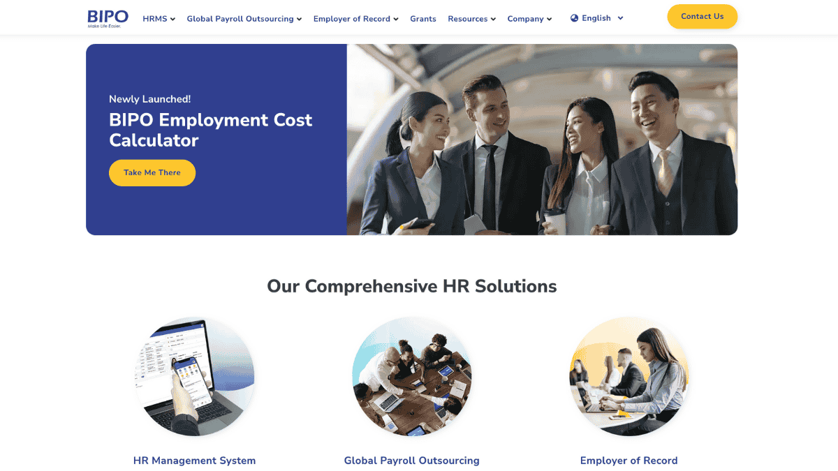 BIPO homepage overview of key services