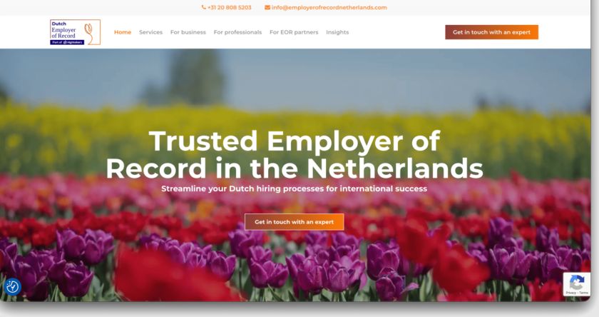 Homepage of Dutch Employer of Record stating 'Trusted Employer of Record in the Netherlands' as a header