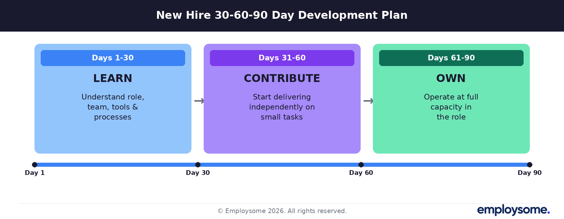 New hire 30-60-90 day development plan showing three phases: Learn (days 1-30), Contribute (days 31-60), and Own (days 61-90) with a timeline progression bar.